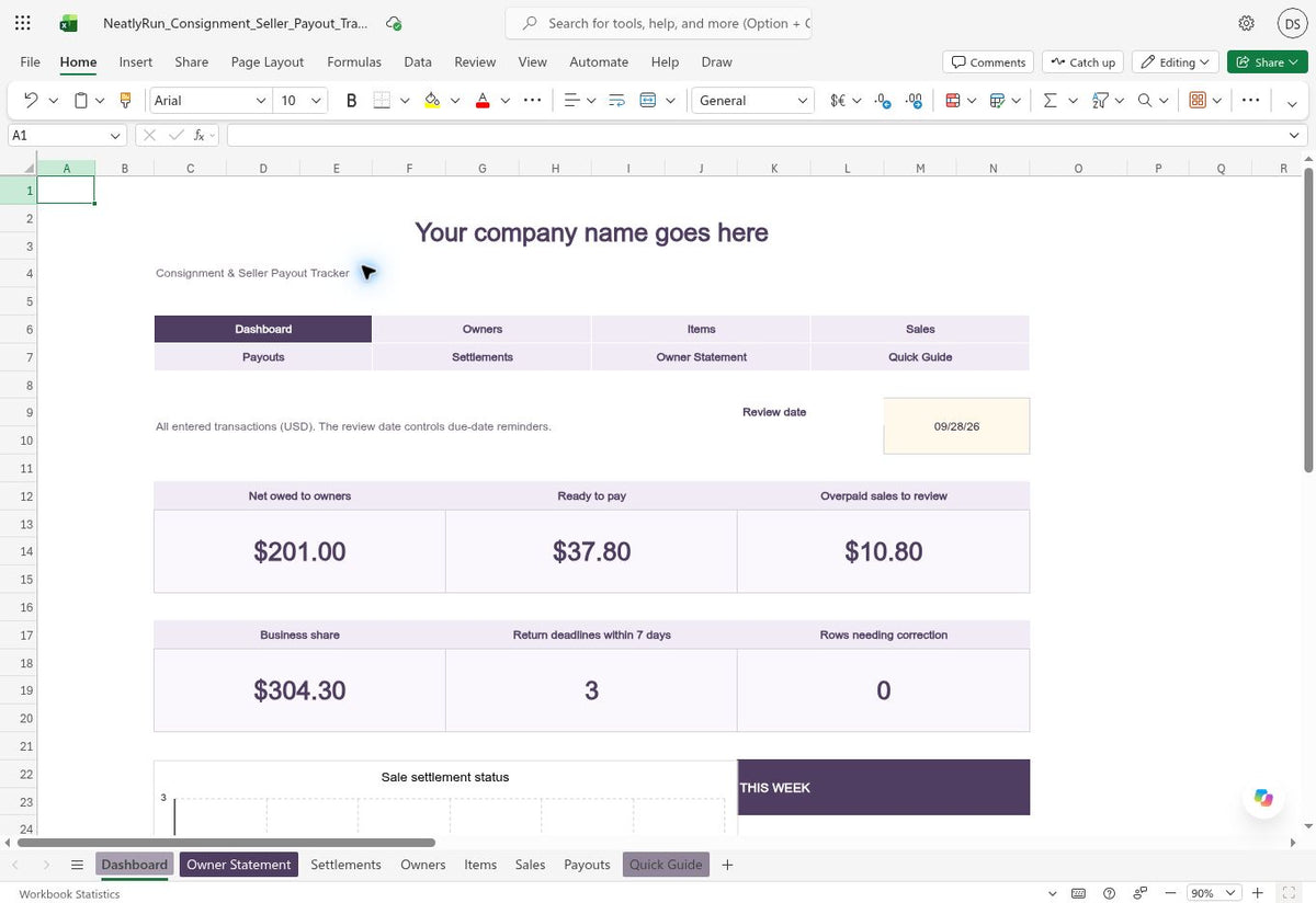 Consignment & Seller Payout Tracker for Excel dashboard showing owner balances, ready-to-pay totals and overpayments; fictional sample data