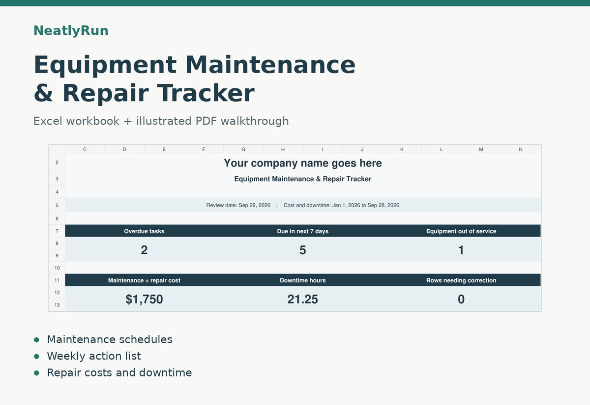 Equipment Maintenance & Repair Tracker Excel dashboard with sample tasks, service costs and downtime.