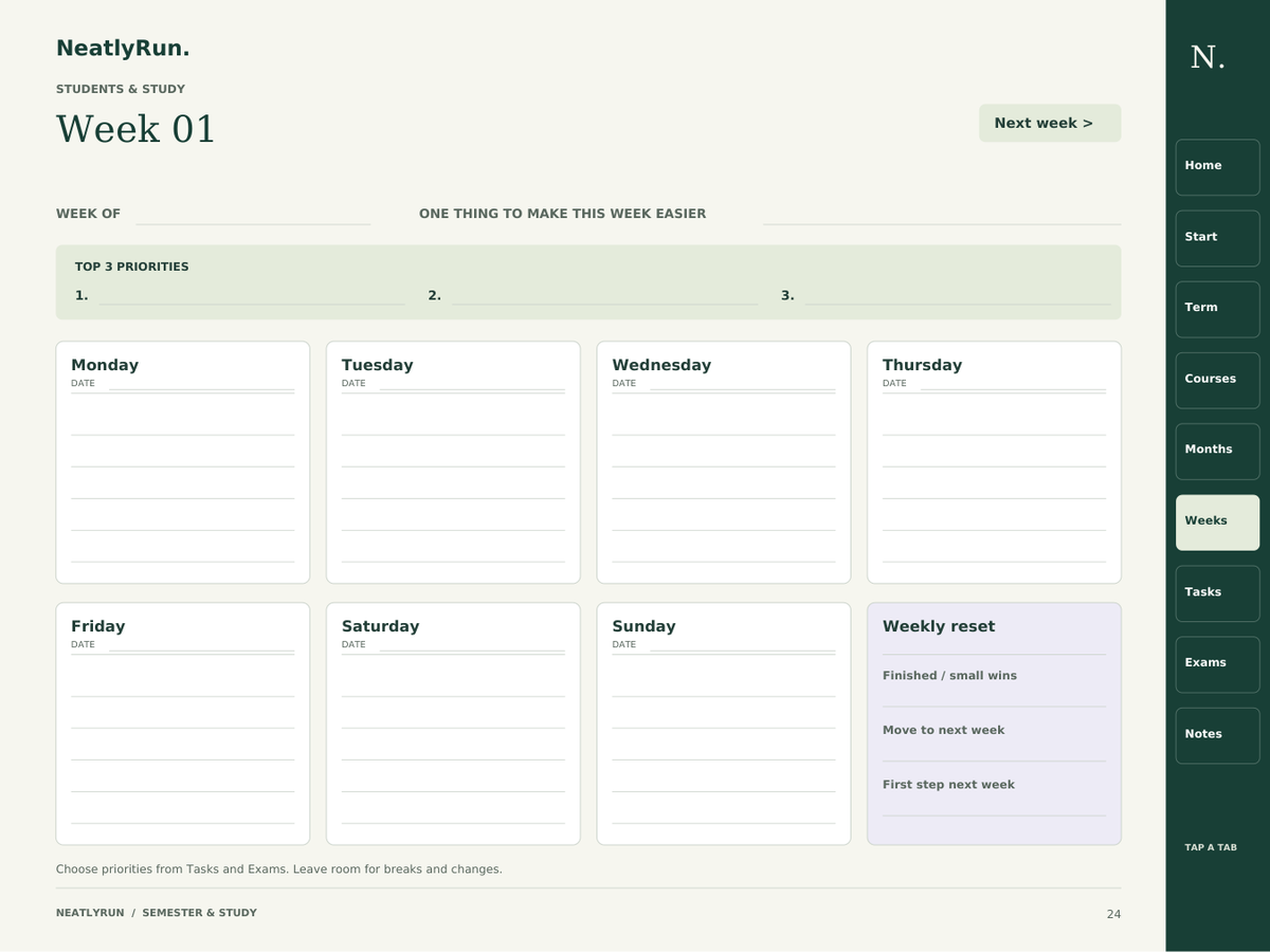 Semester & Study PDF Planner weekly plan with priorities, daily boxes, weekly reset and linked tabs