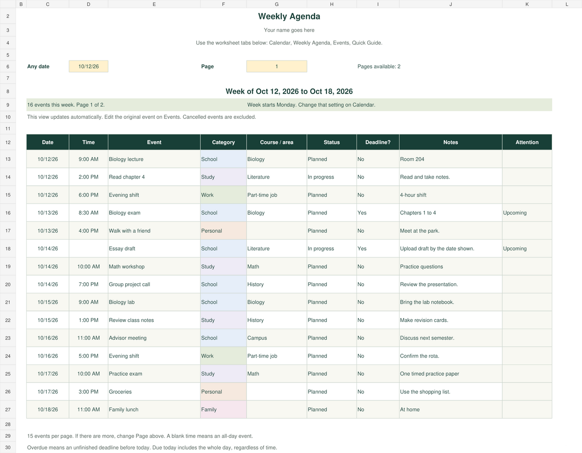Weekly agenda with event dates, times, categories and deadline status