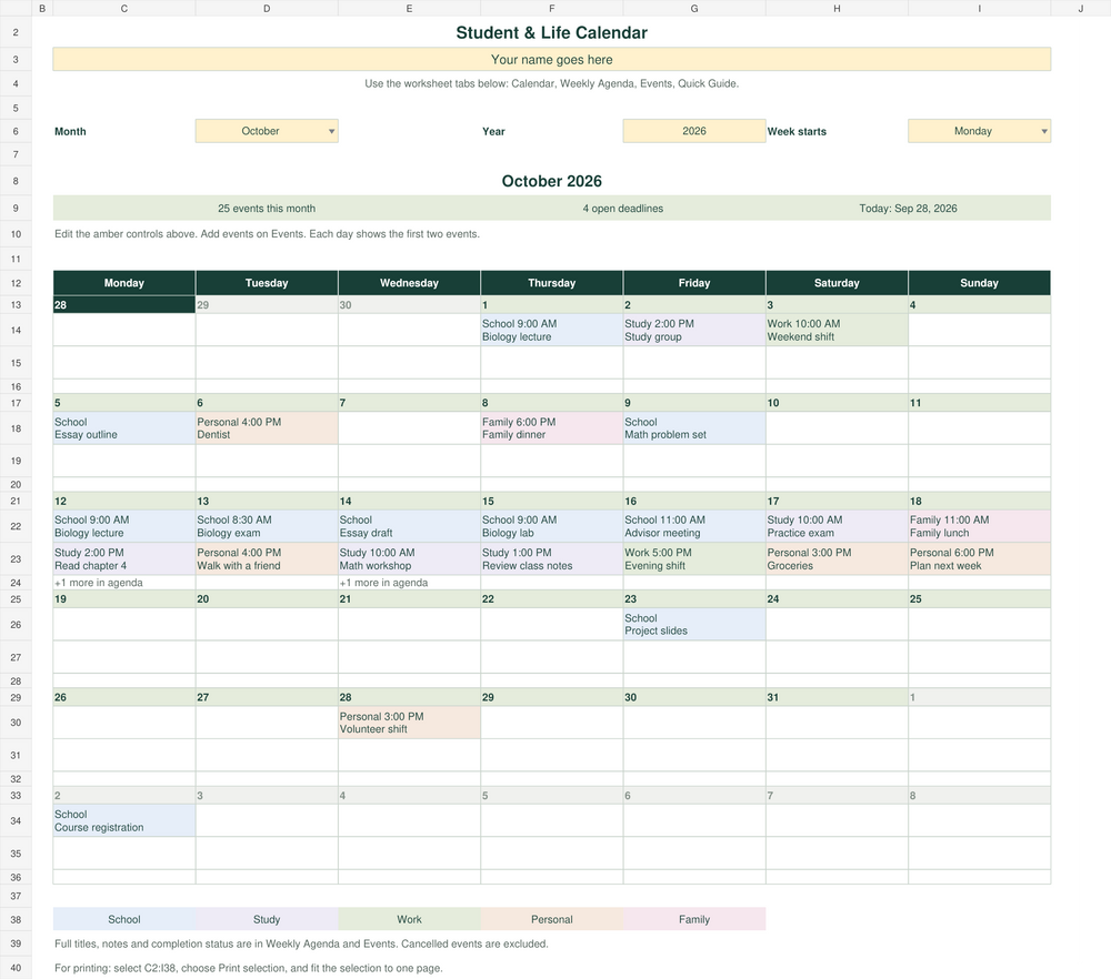 Student & Life Calendar for Excel